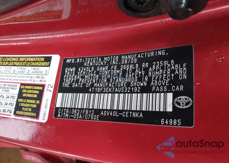 2010 Toyota Camry Le from USA, damaged, VIN 4T1BF3EK7AU532192